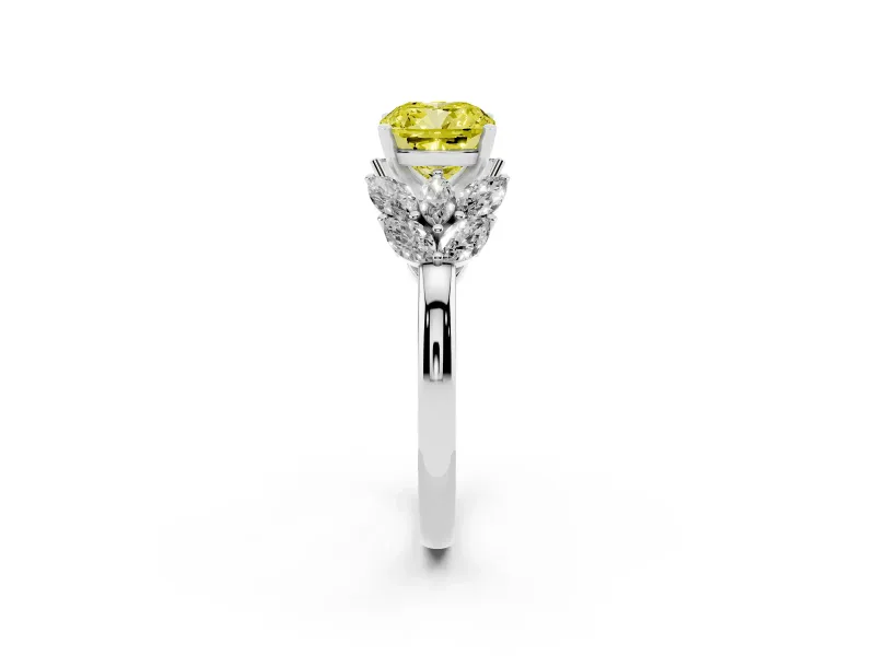 Fancy Yellow Cushion Cut Diamond Cluster Leaf Design Ring Set in White gold with Prong Setting
