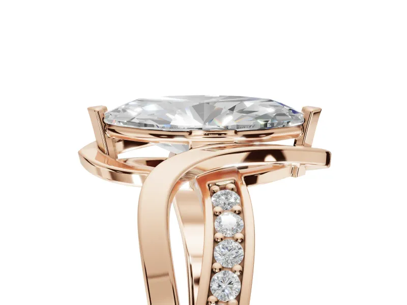 Marquise Bypass Solitaire Engagement Ring Setting | Pavé and Plain Strands | Rose Gold