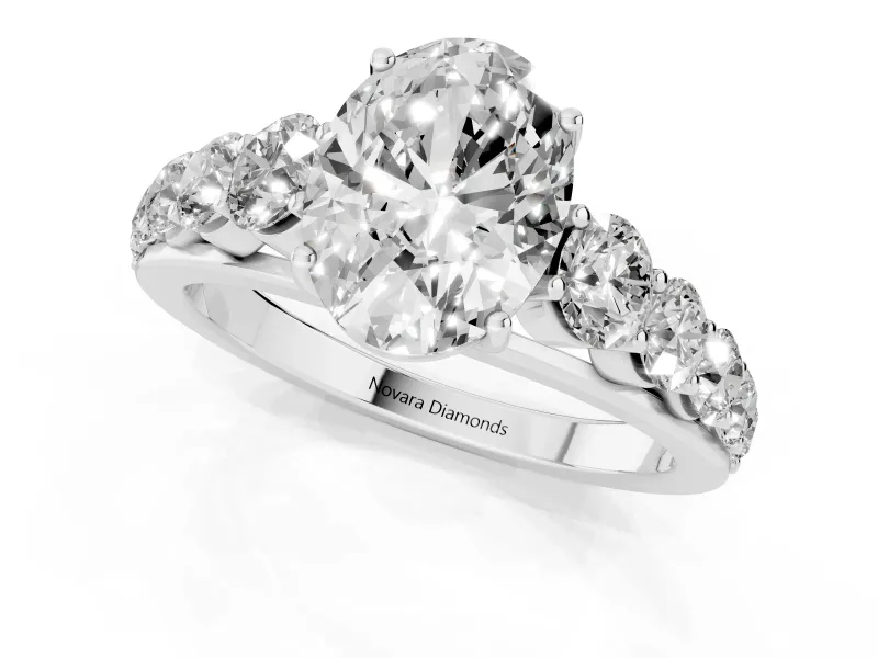 Oval Graduated Side Stone Engagement Ring Setting | Flat Top Band | White Gold