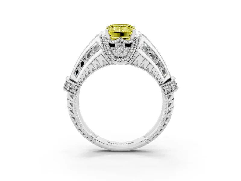 Fancy Yellow Emerald Cut Diamond Vintage-Inspired Milgrain Ring Set in Platinum with Accent Split Shank