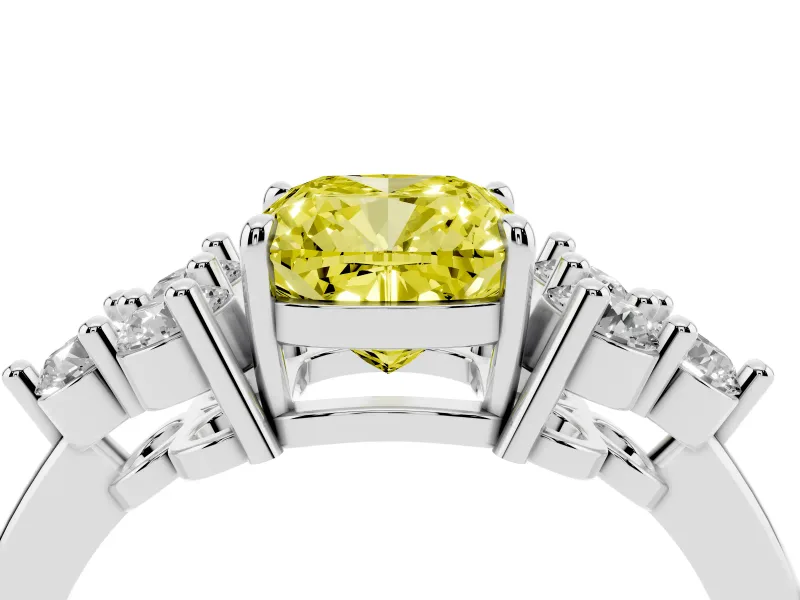 Fancy Yellow Cushion Cut Diamond Solitaire Ring Set in Silver with Cluster Accents on Each Side