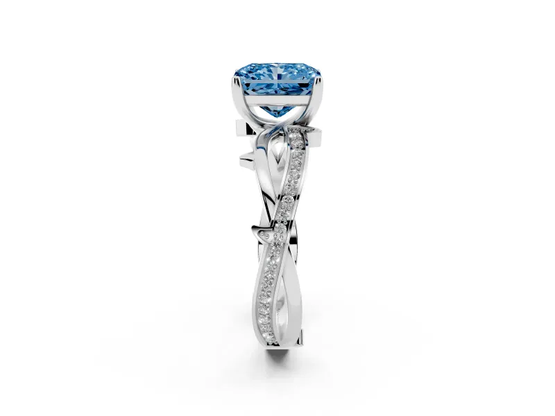 Fancy Blue Radiant Cut Diamond Pavé Twist Band Solitaire Ring Set in White gold with Prong Setting