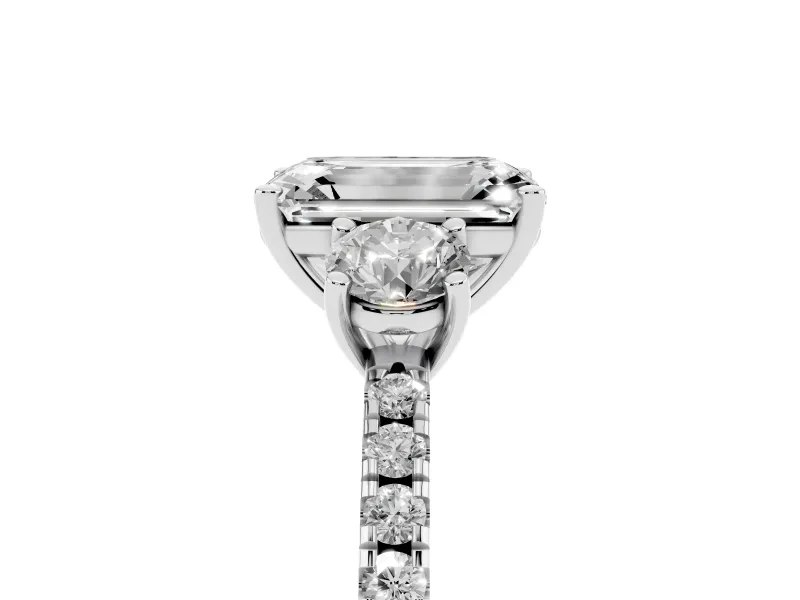 Emerald Cut Three Stone Engagement Ring Setting | Pave Shoulders | Platinum