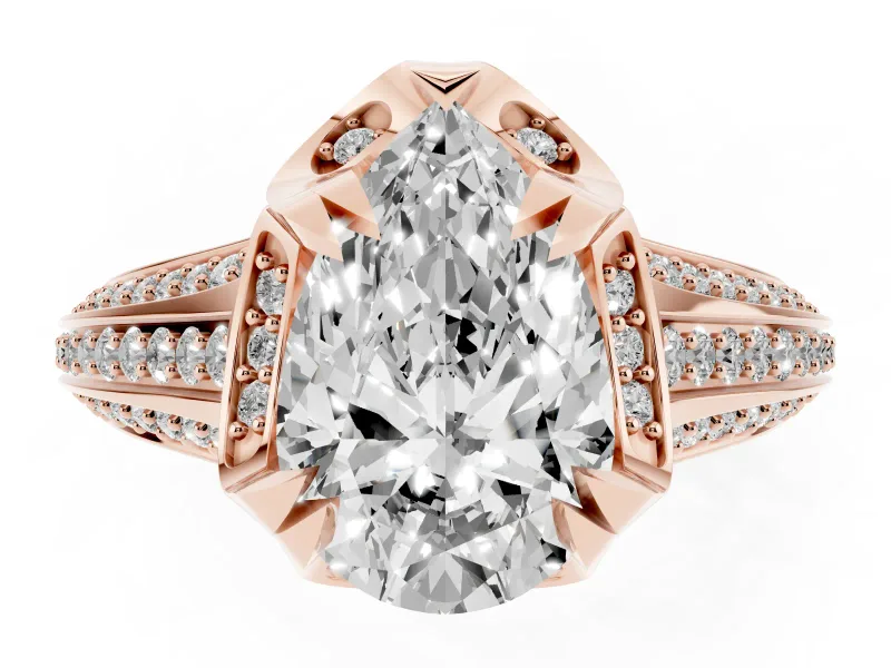 Pear Cut Diamond Pavé Split Shank Solitaire Ring Set in Rose gold with Prong Setting