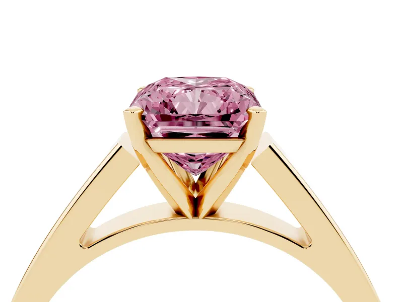 Fancy Pink Radiant Cut Diamond Solitaire Engagement Ring Set in Yellow gold with Prong Setting and Tapered Band