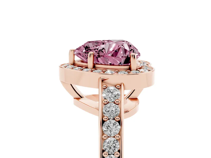 Fancy Pink Heart Cut Diamond Halo Pavé Engagement Ring Set in Rose gold with Bezel Setting