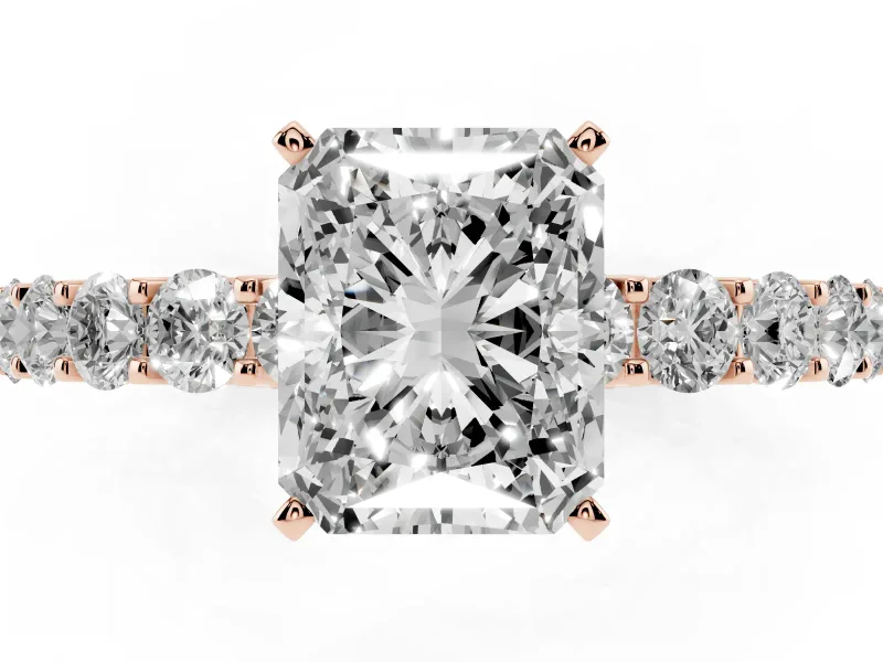 Radiant Cut Shared Prong Engagement Ring Setting | Two-Row Band | Rose Gold