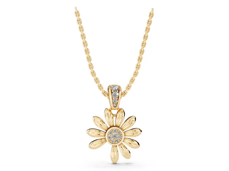Round Lab-Grown Diamond Daisy Flower Pendant Necklace | Graduated Stone Bail | Yellow Gold