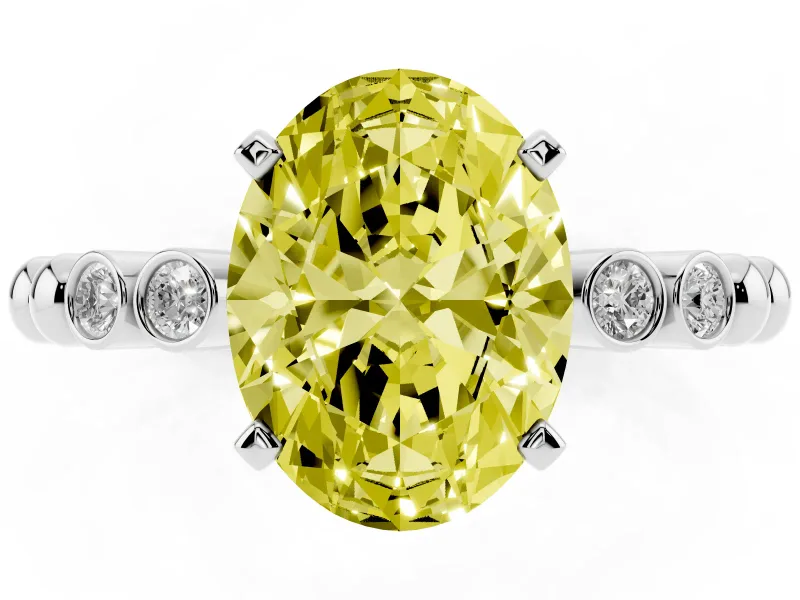 Fancy Yellow Oval Cut Diamond Solitaire Engagement Ring Set in Silver with Bezel Accents on Beaded Band