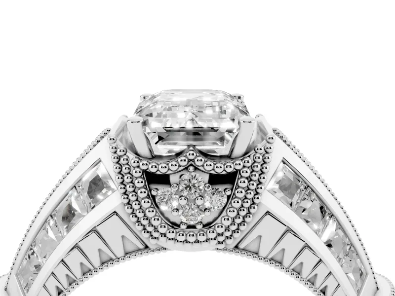 Emerald Cut Diamond Vintage-Inspired Milgrain Ring Set in Silver with Accent Split Shank