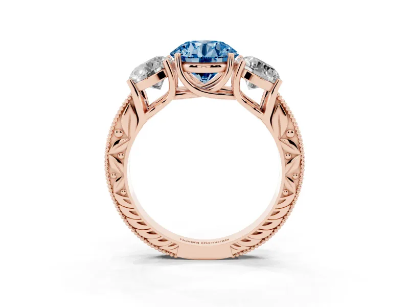 Round Vintage Three Stone Engagement Ring Setting for a Fancy Blue Lab-Grown Diamond | Rose Gold