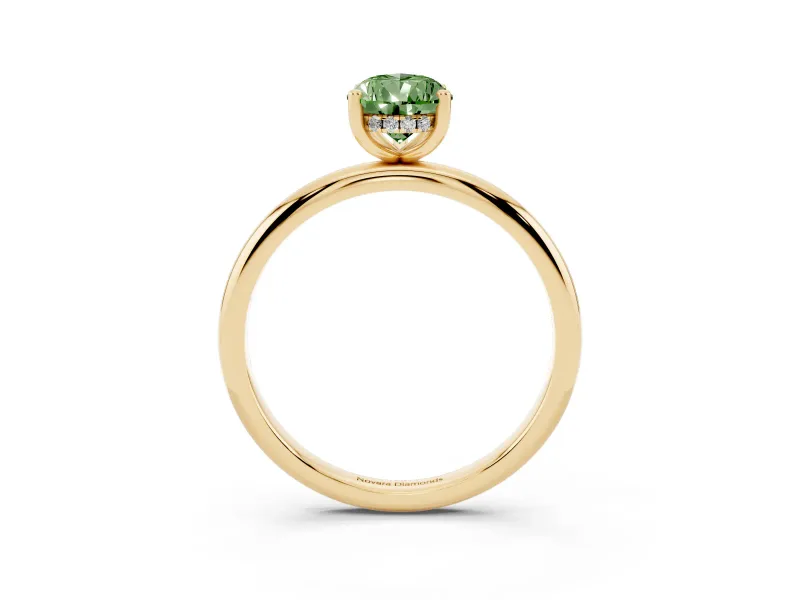 Fancy Green Pear Cut Diamond Solitaire Engagement Ring Set in Yellow gold with Prong Setting and Polished Band