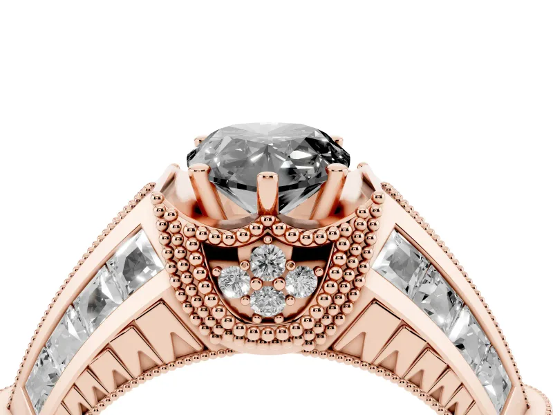 Fancy Black Pear Cut Diamond Vintage-Inspired Milgrain Ring Set in Rose gold with Accent Split Shank