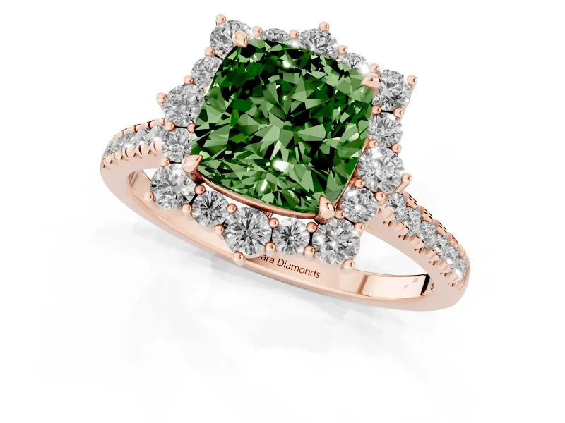 Cushion Cut Scalloped Halo Engagement Ring Setting for a Fancy Green Lab-Grown Diamond | Single Row Pave | Rose Gold