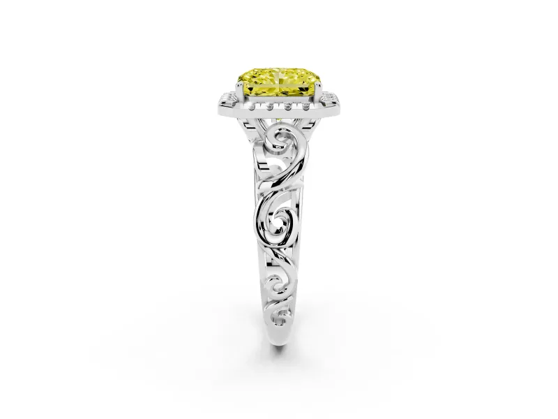 Fancy Yellow Radiant Cut Diamond Halo Ring Set in Platinum with Scrollwork Band and Prong Setting