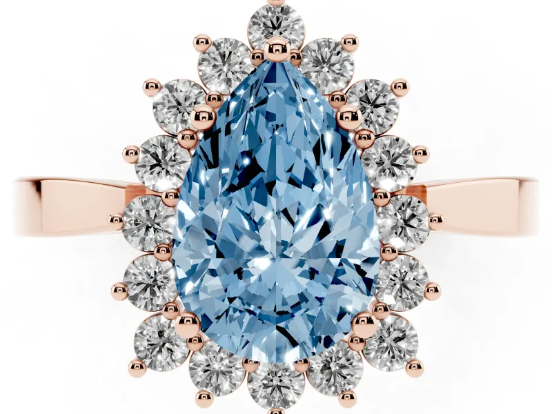 Fancy Blue Pear Cut Diamond Halo Ring Set in Rose gold with Round Halo and Smooth Solitaire Band