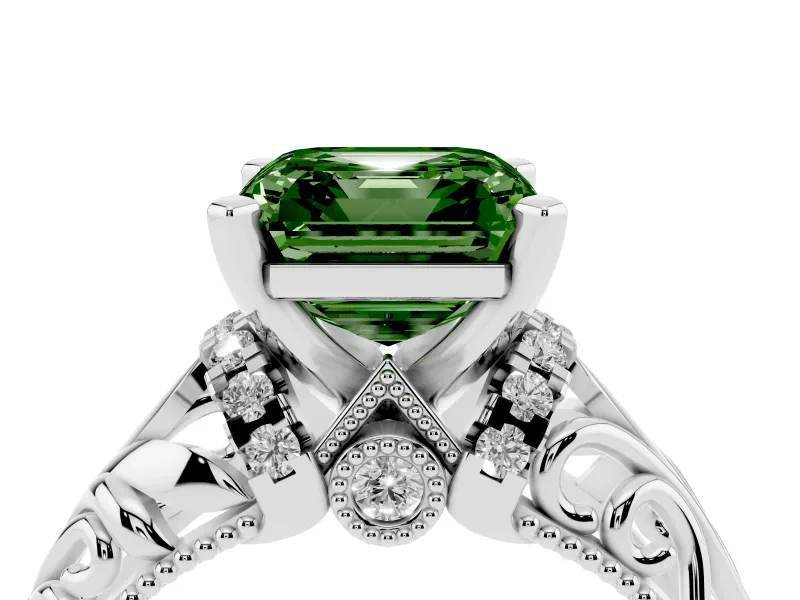 Fancy Green Asscher Cut Diamond Filigree Halo Engagement Ring Set in White gold with Prong Setting