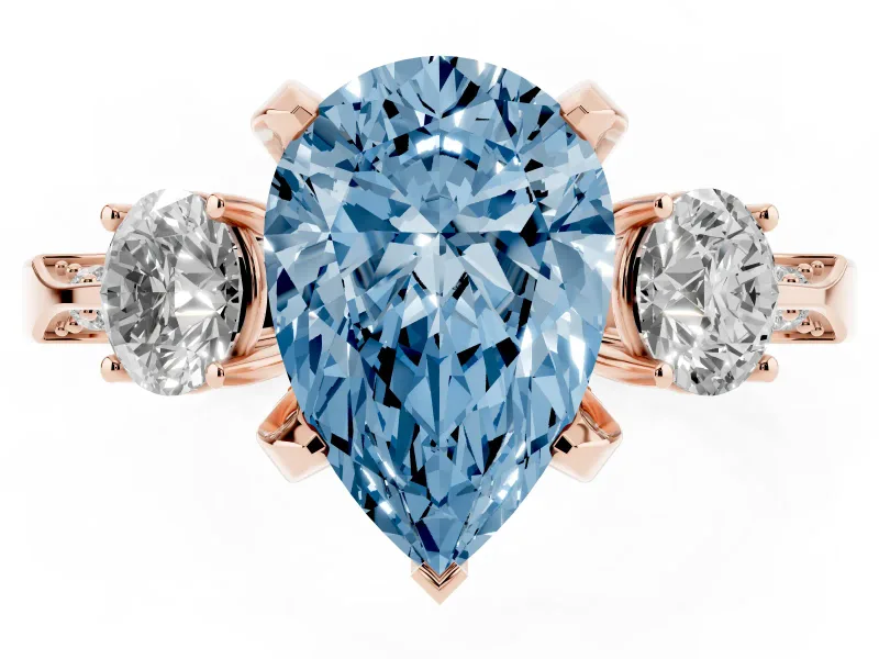 Pear-Shaped Hidden Halo Three Stone Engagement Ring Setting for a Fancy Blue Lab-Grown Diamond | Rose Gold