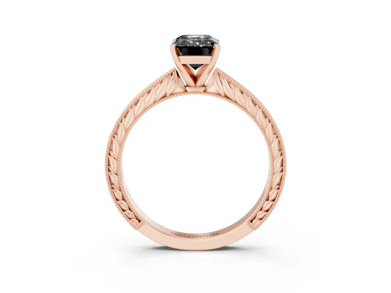 Emerald Cut Engraved Solitaire Engagement Ring Setting for a Black Center | Rose Gold