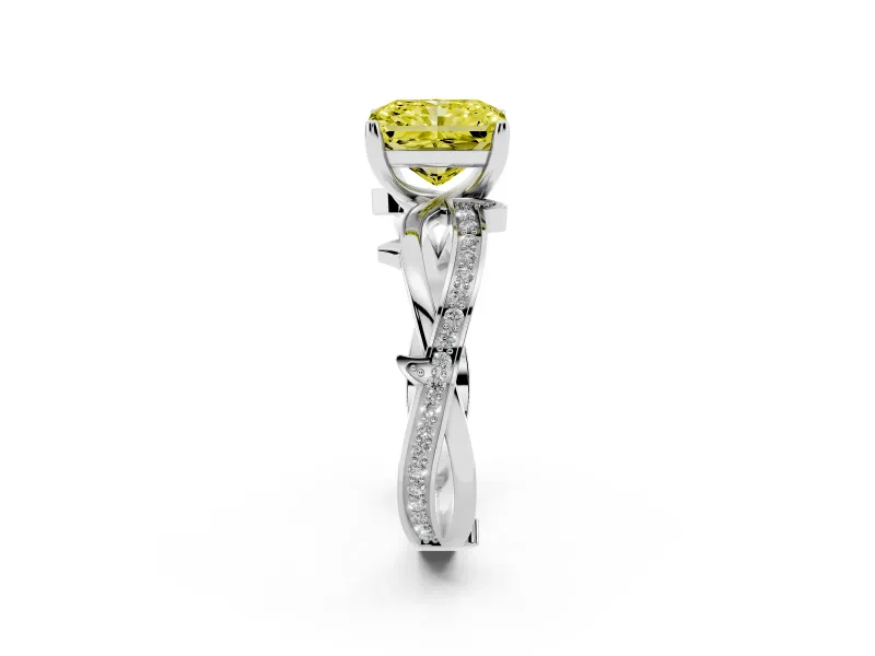 Fancy Yellow Radiant Cut Diamond Pavé Twist Band Solitaire Ring Set in Silver with Prong Setting