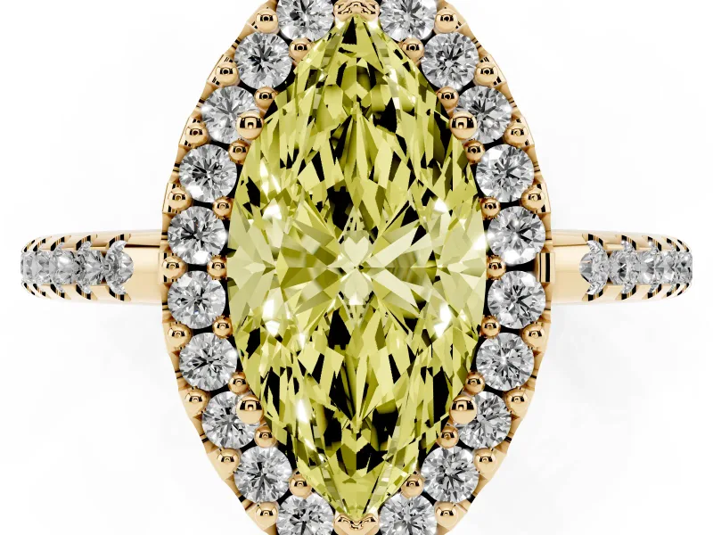 Marquise Pave Halo Engagement Ring Setting for a Fancy Yellow Lab-Grown Diamond | Pave Band | Yellow Gold