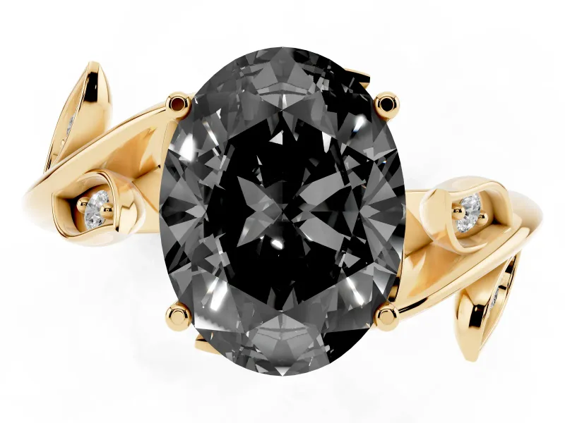 Fancy Black Oval Cut Diamond Solitaire Twist Engagement Ring Set in Yellow gold with Pavé Leaf Accents