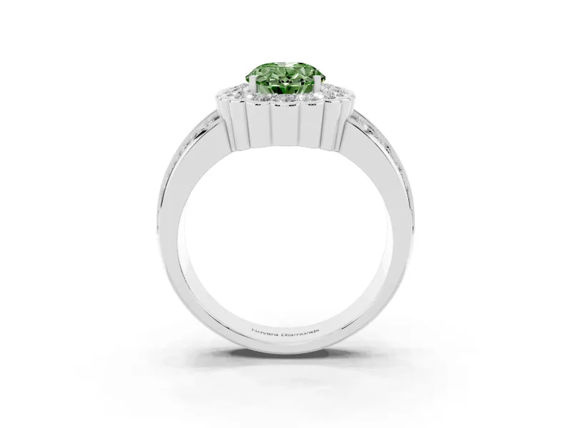 Fancy Green Oval Cut Diamond Scalloped Halo Ring Set in Platinum with Pavé Split Shank