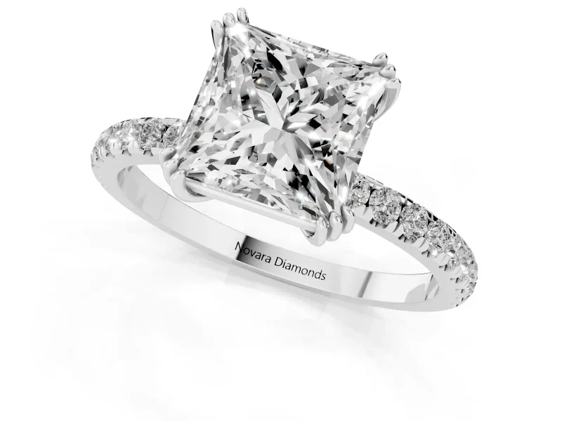 Princess Cut Diamond Brilliant Solitaire Set in Silver with Pavé Band and Claw Prong Setting