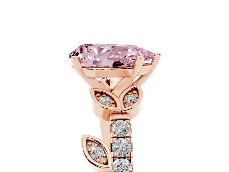 Fancy Pink Pear Cut Diamond Solitaire Leaf-Inspired Ring Set in Rose gold with Pavé Band and Prong Setting