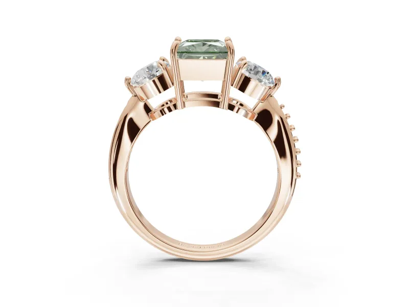 Princess Cut Three Stone Engagement Ring Setting for a Fancy Green Lab-Grown Diamond | Tapered Pave Band | Rose Gold