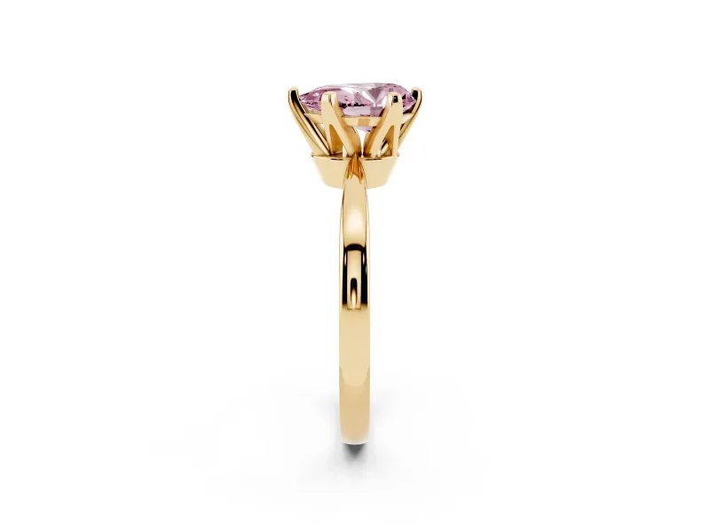 Fancy Pink Pear Cut Diamond Solitaire Engagement Ring Set in Yellow gold with Slim Tapered Solitaire Band