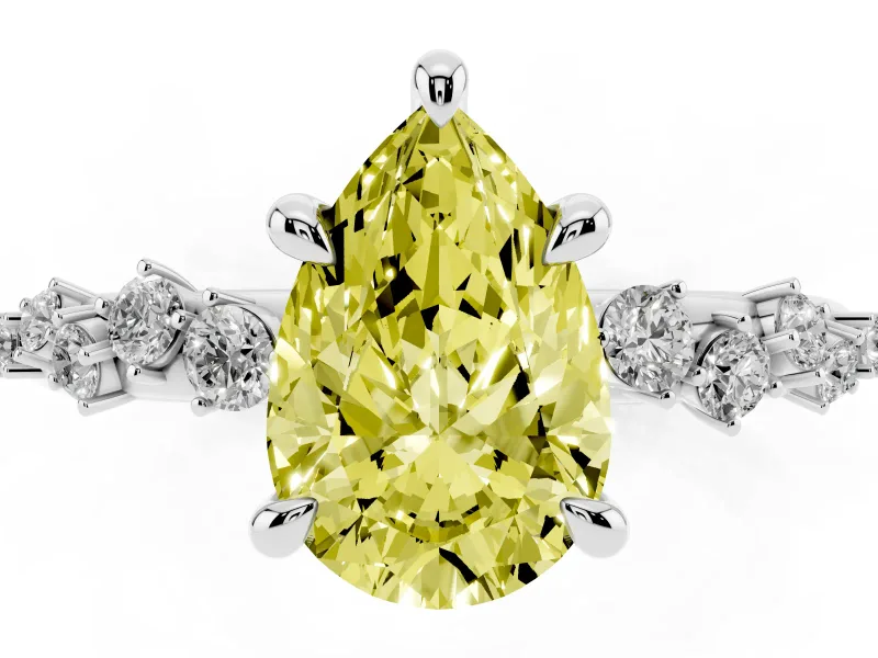 Fancy Yellow Pear Cut Diamond Solitaire Vine Band Ring Set in Silver with Round Accents and Prong Setting