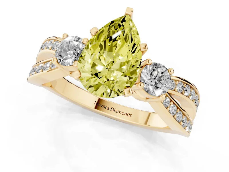 Fancy Yellow Three-Stone Pear Cut Diamond Twist Band Ring Set in Yellow gold with Pavé Accents and Prong Setting