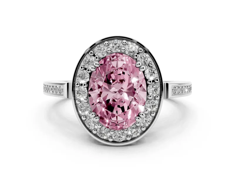 Fancy Pink Oval Cut Diamond Halo Ring Set in Platinum with Accent-Lined Split Shank and Prong Setting