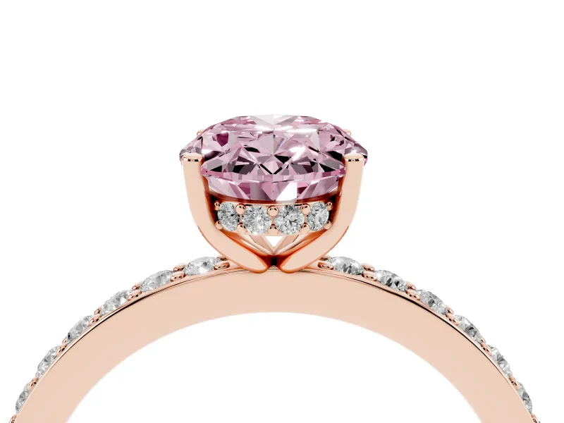 Oval Hidden Halo Engagement Ring Setting for a Fancy Pink Lab-Grown Diamond | Pavé Band | Rose Gold