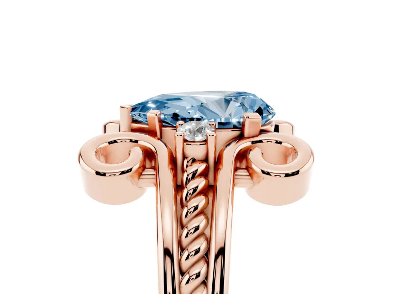 Fancy Blue Pear Cut Diamond Twisted Band Solitaire Ring Set in Rose gold with Scroll Prongs