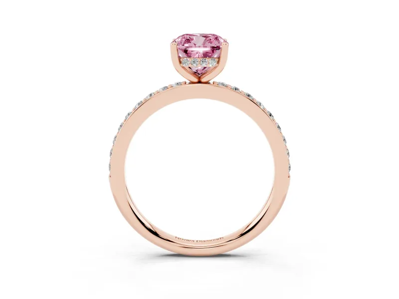 Fancy Pink Cushion Cut Diamond Pavé Band Ring Set in Rose gold with Prong-Set Center Stone