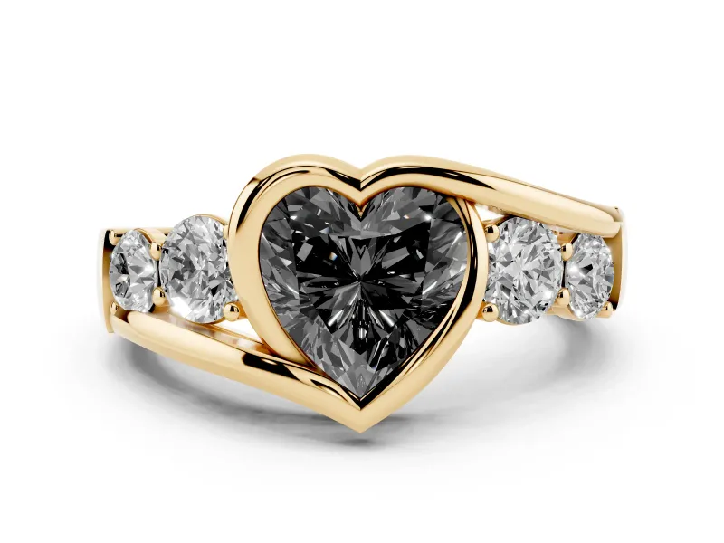 Fancy Black Heart Cut Diamond Bezel Bypass Ring Set in Yellow gold with Round Accents