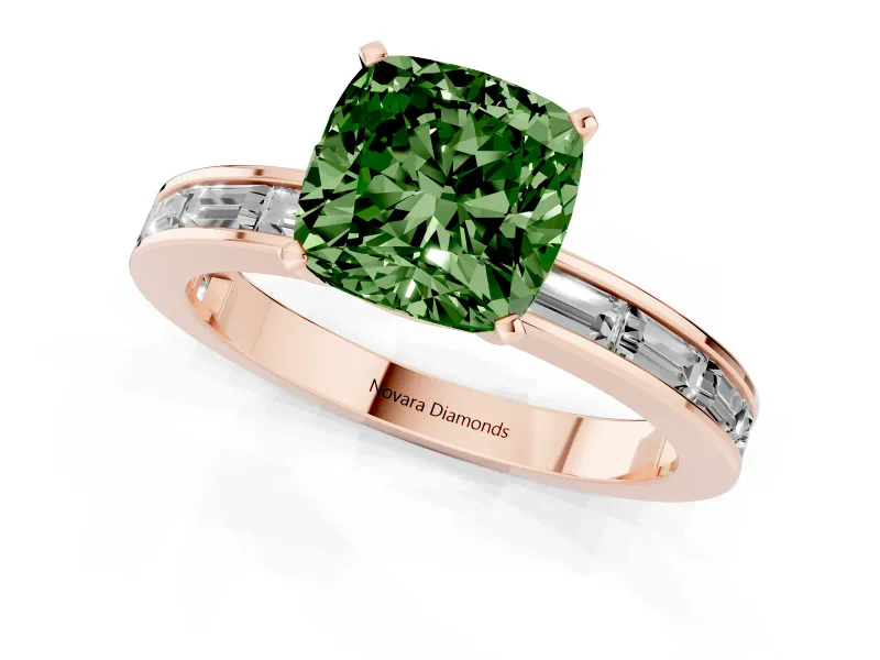 Fancy Green Cushion Cut Diamond Solitaire Ring Set in Rose gold with Channel-Set Baguette Band and Prong Setting