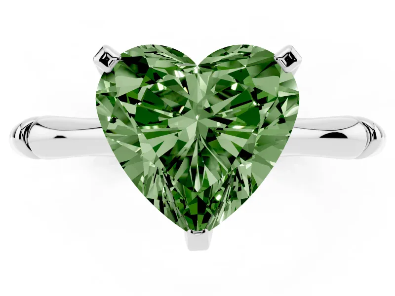 Fancy Green Heart Cut Diamond Solitaire Ring Set in White gold with Bamboo Band and Prong Setting