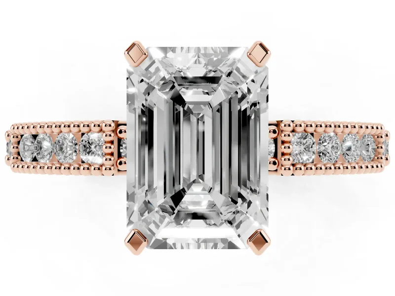 Emerald Cut Vintage Pavé Solitaire Engagement Ring Setting | Milgrain Edges | Rose Gold