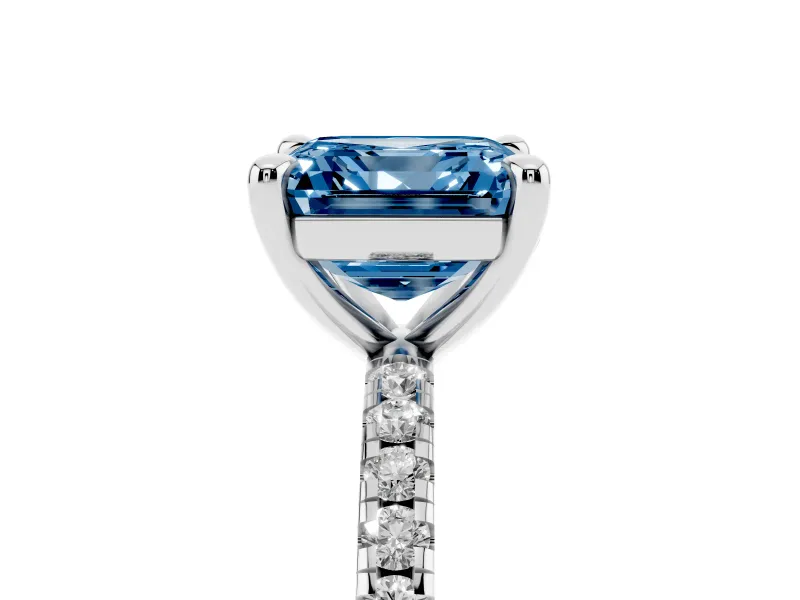 Fancy Blue Asscher Cut Diamond Brilliant Solitaire Ring Set in Platinum with Pavé Band and Prong Setting