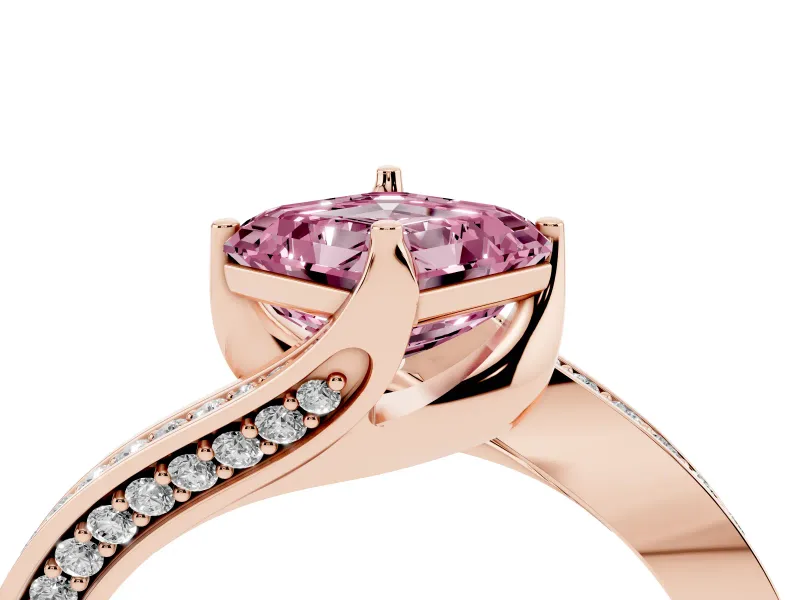 Fancy Pink Asscher Cut Diamond Solitaire Ring Set in Rose gold with Intertwined Pavé Twist Band