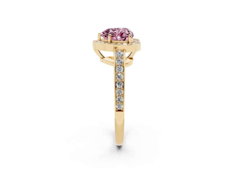 Fancy Pink Heart Cut Diamond Halo Pavé Engagement Ring Set in Yellow gold with Bezel Setting
