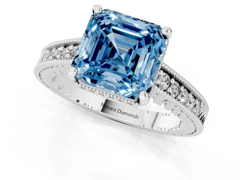 Asscher Cut Engraved Engagement Ring Setting for a Fancy Blue Lab-Grown Diamond | White Gold