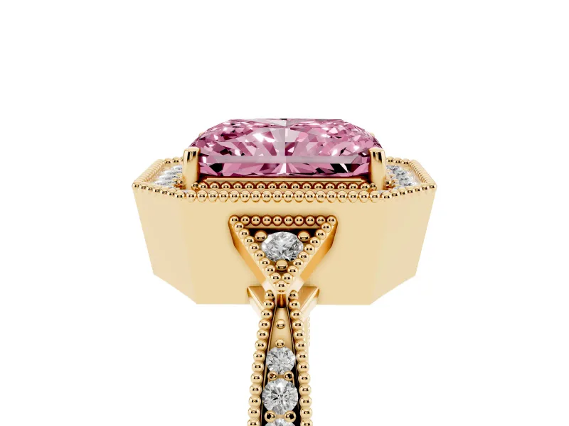 Fancy Pink Radiant Cut Diamond Halo Engagement Ring Set in Yellow gold with Milgrain Pavé Band