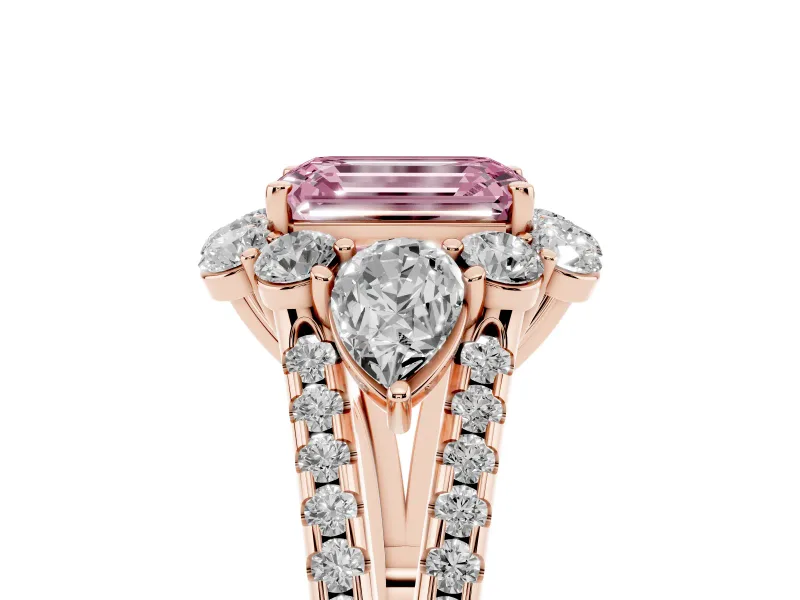 Emerald Cut Scalloped Halo Engagement Ring Setting for a Fancy Pink Lab-Grown Diamond | Pear Side Stones | Rose Gold