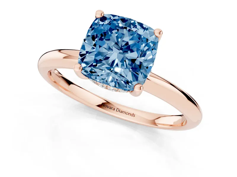 Cushion Cut Micro-Prong Hidden Halo Engagement Ring Setting for a Fancy Blue Lab-Grown Diamond | Plain Band | Rose Gold