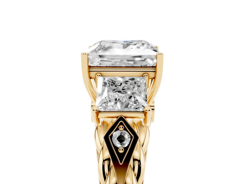 Princess Cut Three Stone Engagement Ring Setting | Braided Band | Yellow Gold