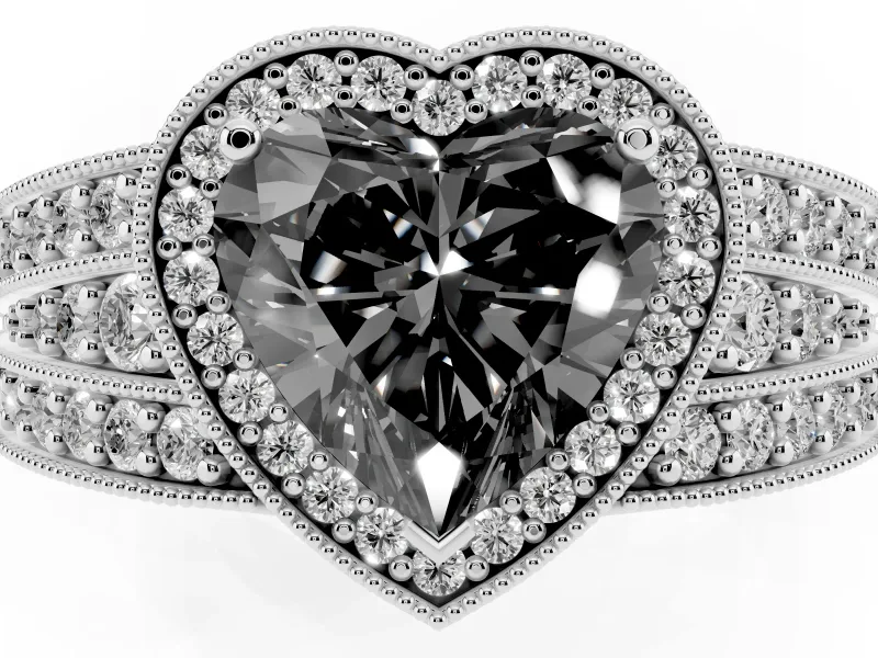 Fancy Black Heart Cut Diamond Halo Ring Set in Platinum with Accent Split Shank and Prong Setting
